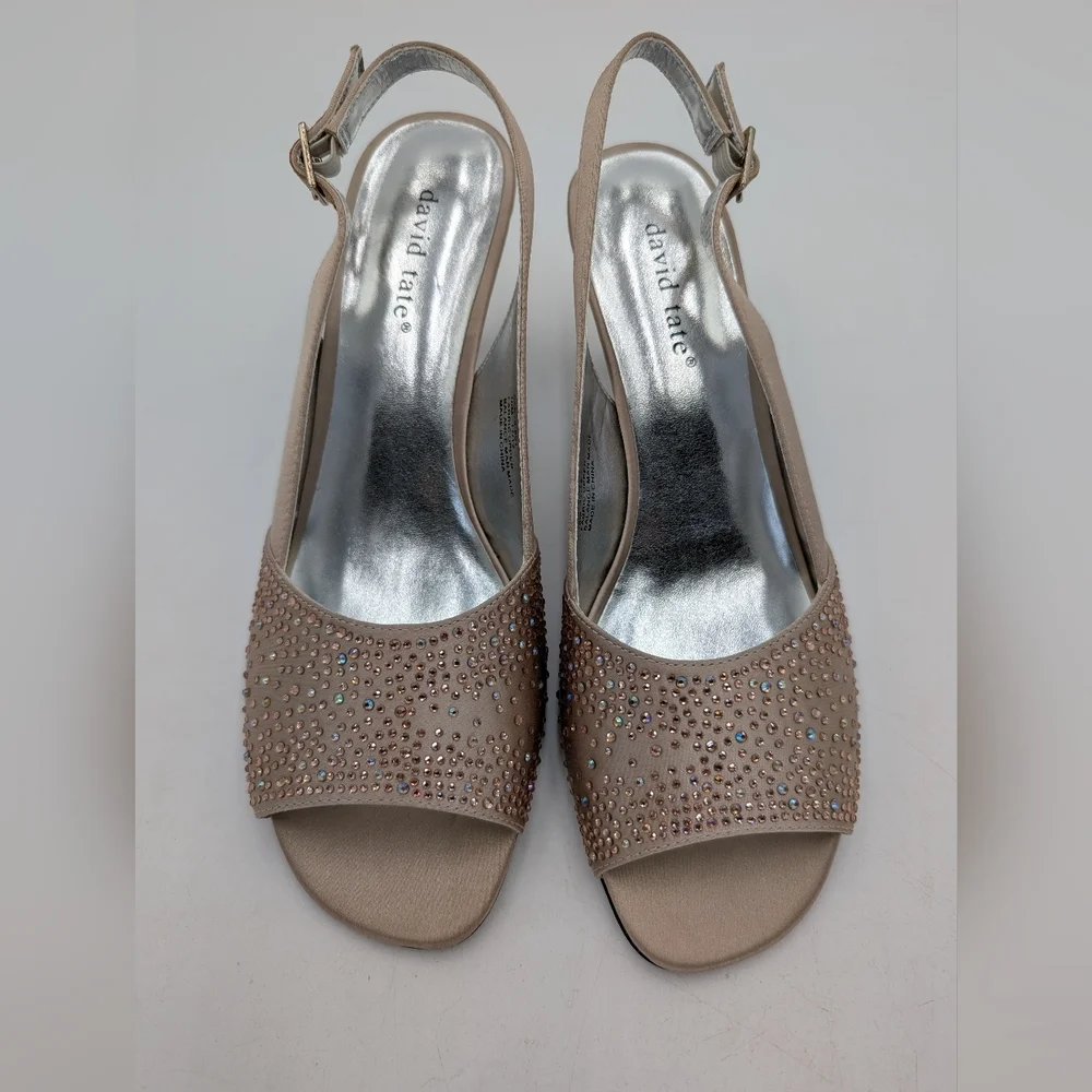 Like New David Tate Sz 10M Satin Champagne Designer Rhinestones Heels Slingback